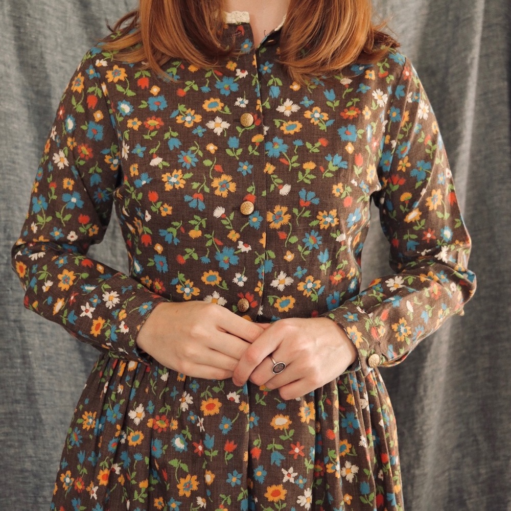 Vintage 70s Prairie Floral Long Sleeve Dress | M